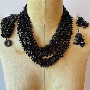 Black Necklace Set Beaded: Earrings Bracelet Multi Strand Vintage Statement Lot